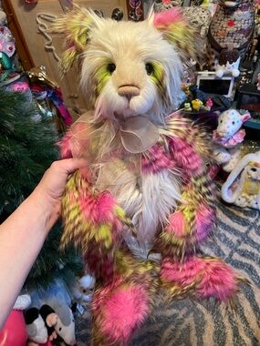 Handmade Plush Teddy Bear in Pink, Green & Cream - Soft Stuffed Animal